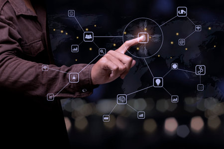 Technology fingerprint scan provides security. connection network on the world map. Business communication concept.の写真素材