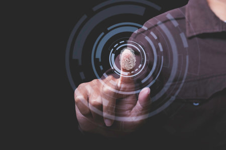businessman scan fingerprint biometric identity and approval. business technology safety concept.の写真素材
