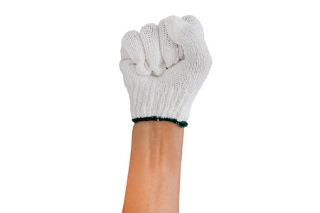 Hand of a man in construction gloves fist isolated on white background