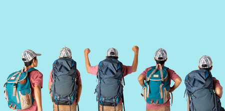 Set of young man in casual t-shirt wearing and cap with backpacker ready to travel for his holidays...