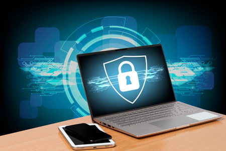 Cyber internet security system. Lock icon security technology on computer laptop screen on...
