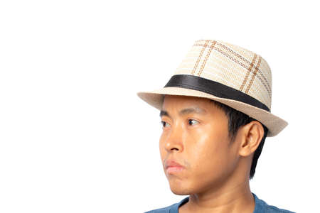 Portrait of man with straw hat isolated on white background. clipping paths.の写真素材