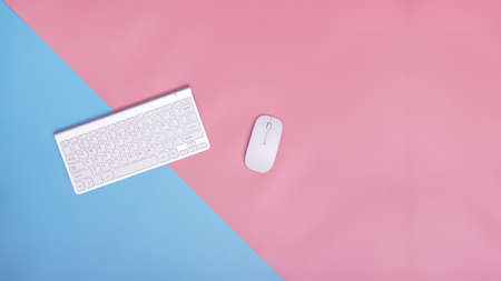 Keyboard and mouse on blue and pink background. top view. copy space.の写真素材