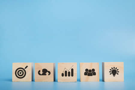 Wood block with icon business strategy and action plan. Goal and target, success and business target...
