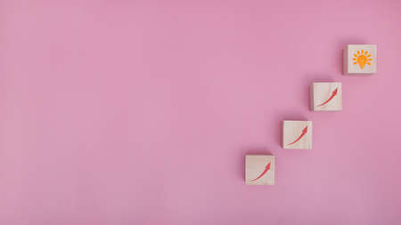 Arranging wood block stacking as step stair go to idea on pink background, Business concept growth success process. copy space.の写真素材