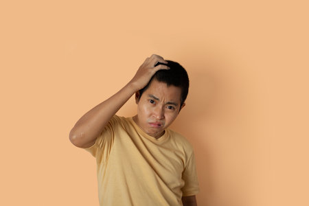 Portrait of young man wearing t-shirt feeling disappointed on orange background with copy space.の写真素材
