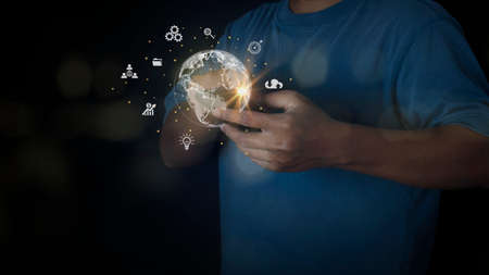 Businessman using mobile smart phone. Global network connection. Big data analytics and business...
