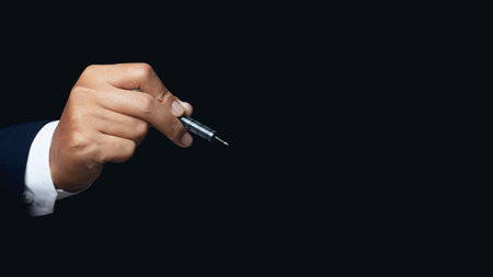 Businessman hand write something, drawing on the screen, writing on blank space for your text, design, wording. copy space.の写真素材