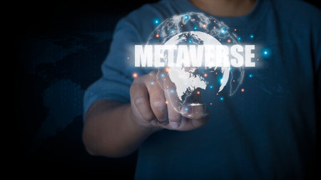 Businessman hand touching global network and data accessing Cloud Computing.Virtual Global Internet connection metaverse. internet of things.Digital link tech, big data through internet technology.の写真素材