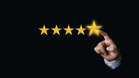 Businessman Hand choosing screen on five star icon to give satisfaction in service rating very...