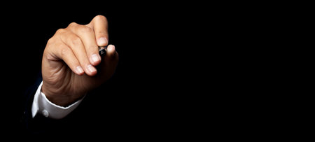 Businessman hand write something, drawing on the screen, writing on blank space for your text, design, wording. copy space.の写真素材