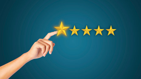 Man hand choosing screen on five star icon to give satisfaction in service rating very impressed....