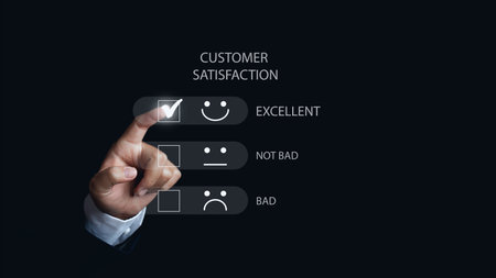 Businessman Hand choosing screen on happy Smiley face icon to give satisfaction in service. rating...