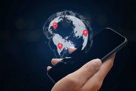 Businessman using mobile smart phone of searching information location point, icon maps and find...