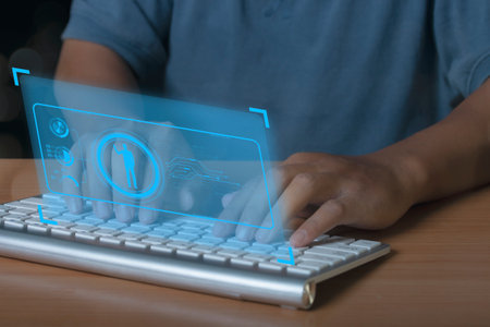 Man is browsing at his computer laptop action Plan strategy on virtual screen. Business process...