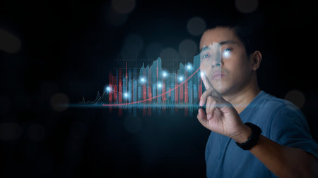 Businessman showing growing virtual hologram stock, invest in trading. Business graph finance chart, Planning and strategy, Stock market, Business growth, progress or success and finance concept.の写真素材