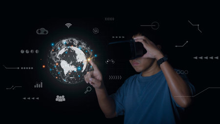Businessman working with global network and data accessing cloud Computing. Virtual Global Internet...
