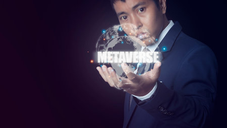 Businessman with global network and data accessing Cloud Computing.Virtual Global Internet connection metaverse. internet of things.Digital link tech, big data through internet technology.の写真素材
