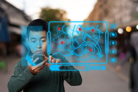 Young man using mobile smart phone of search data business global internet connection application...