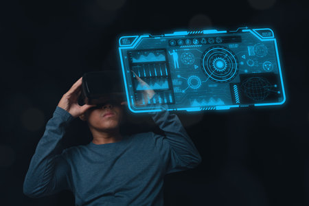 Man wearing VR glasses action Plan strategy concept on virtual screen. Business process objectives, innovation operations Management, Connections between business intelligence concept.の写真素材