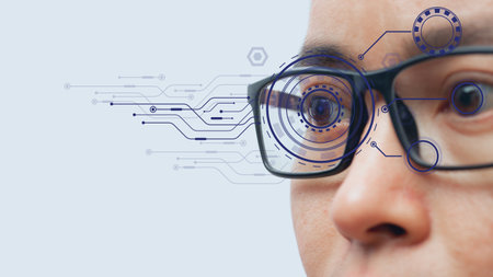 Man wearing eyeglasses with virtual screen future technology, biometric of a scientist with futuristic graphics and holography with which scans, immersive technology, metaverse universe.の写真素材