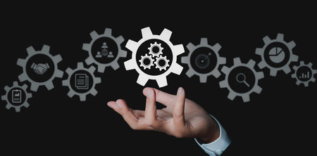 Operations management creative process business, Action Plan business strategy on virtual screen. Process objectives, high performance, innovation operations Management concept.の写真素材