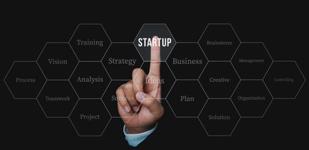 Startup business and network connection. Businessman hand push startup business with icon network connection on modern virtual interface. Concept of system start working.の写真素材