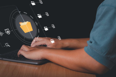 Document Management System (DMS), Businessman access business connection online documentation database and process automation to efficiently manage files. Corporate business technology.の写真素材