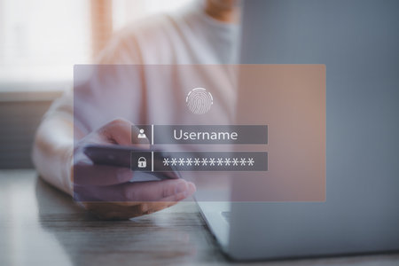 Security on Internet innovation technology scan fingerprint biometric identity and approval. Secure access granted by valid fingerprint scan, cyber security of digital program futuristic applications.の写真素材