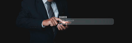 Searching browsing internet data information networking concept. Search Engine Optimization SEO Networking. Man hand presses the information search button on mobile phone touch screen, copy space.の写真素材