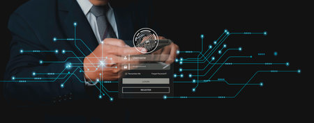 Fingerprint scanner futuristic digital processing of biometric identification. Secure access granted by valid fingerprint scan, cyber security on internet of digital programs futuristic applications.の写真素材