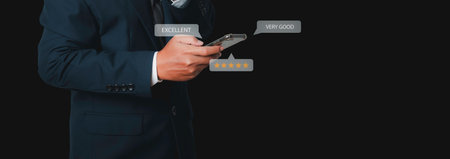 Customer satisfaction experience concept. Businessman giving high score with five golden stars rating satisfaction in service. rating very impressed. copy space.の写真素材