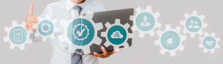 Business process management and Quality with improvement. Digital transformation and automation with person validating document in workflow to increase efficiency and productivity at work.の写真素材