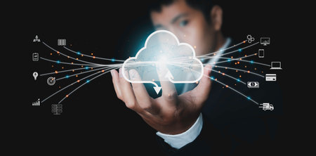 Cloud computing technology internet storage network, businessman show cloud computing diagram, Data...
