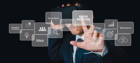 Digital Marketing Creative Process Business, Businessman wearing VR glasses virtual Action Plan...