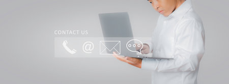 Contact us or Customer support hotline people connect. Businessman access contact connect online by...