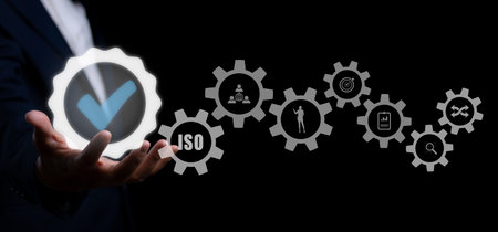 Quality management certification and standardization proces, ISO certified business, conformity to international standards and quality assurance or QA and Quality Control or QC.の写真素材