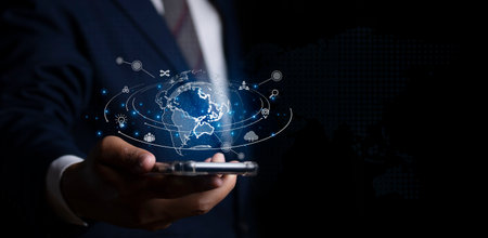 Digital marketing global network and data exchanges over the world 3D rendering. Business technology, Businessman using mobile phone showing global network and icon data customer connection.の写真素材