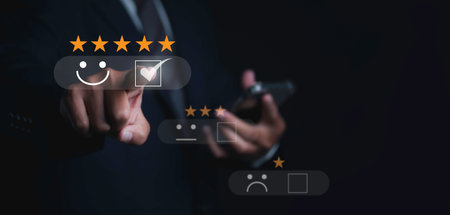 Customer satisfaction experience concept. Businessman choosing  happy smiley face icon to give...
