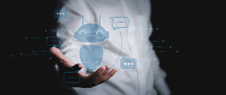 Technology chatbot assistant conversation, Businessman chatting with digital chatbot for provide access to information and data in online network AI Artificial intelligence, innovation and technology.の写真素材