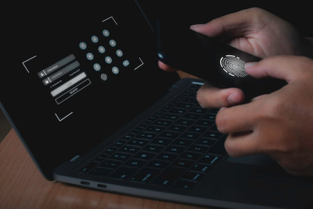 Security on Internet innovation technology against digital cyber crime. Fingerprint scanner futuristic digital processing of biometric identification access input username and password.の写真素材