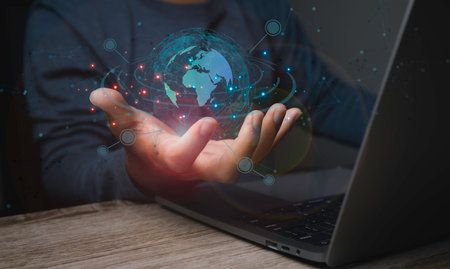 Digital marketing global network and data exchanges over the world 3D rendering. Business technology, Hand holding global network and data customer connection.の写真素材