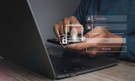 Security on Internet innovation technology against digital cyber crime. Fingerprint scanner futuristic digital processing of biometric identification access input username and password.の写真素材