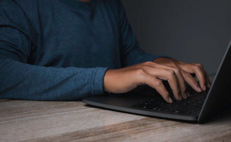 Businessman working laptop at office desk. Access business connection online and process efficiently...