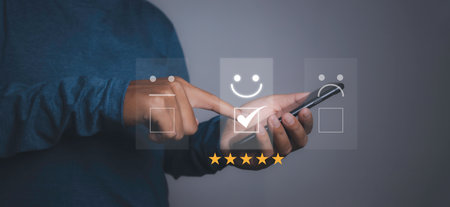 Customer satisfaction experience concept. Businessman giving high score with five golden stars...