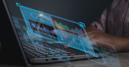 Business analysis, Analyst working Data Management System on computer, business data and economic, economic growth, make a report with KPI and metrics connected to database.の写真素材