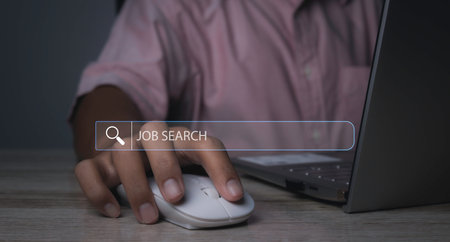Job search, Searching browsing internet data information networking. Man browsing work opportunities online by laptop computer. Search Engine Optimization SEO Networking. copy spaceの写真素材