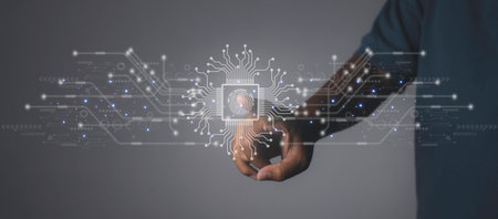 Fingerprint scanner futuristic digital processing of biometric identification. Secure access granted by valid fingerprint scan, cyber security on internet of digital programs futuristic applications.の写真素材