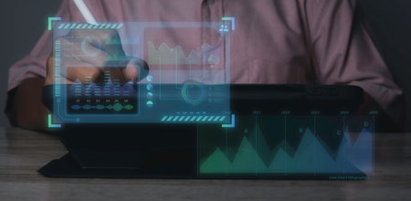 Business analysis, Analyst working Data Management System on virtual screen. business data and...