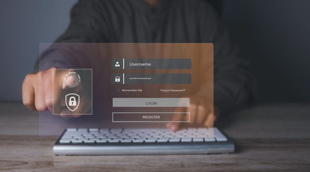 Fingerprint scanner futuristic digital processing of biometric identification. Secure access granted by valid fingerprint scan, cyber security on internet of digital programs futuristic applications.の写真素材